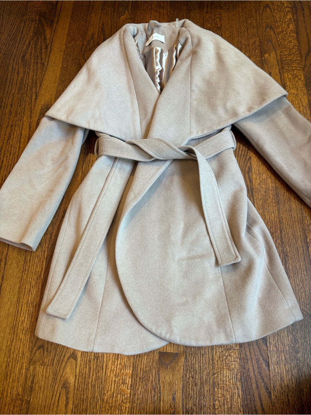 Women’s Tahari Taupe Wrap Wool Trench Coat with Self-Tie Belt Size Large